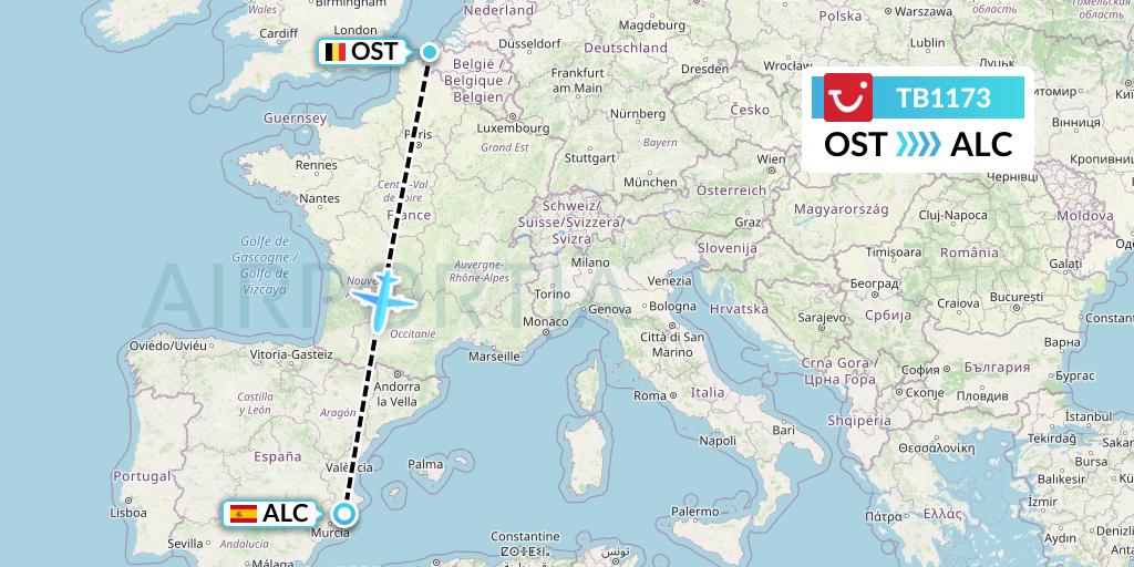 TB1173 TUI fly Belgium Flight Map: Ostend to Alicante