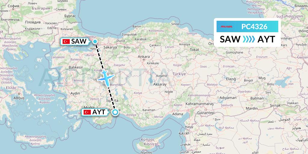 PC4326 Pegasus Airlines Flight Map: Istanbul to Antalya