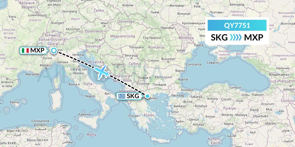 QY7751 European Air Transport Flight Map: Thessaloniki to Milan