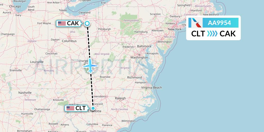 AA9954 American Airlines Flight Map: Charlotte to Akron