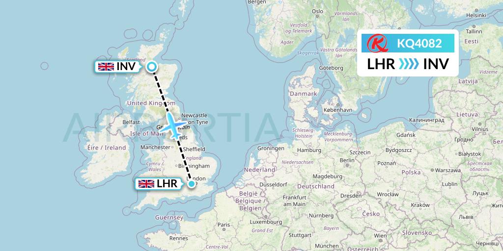 KQ4082 Kenya Airways Flight Map: London to Inverness
