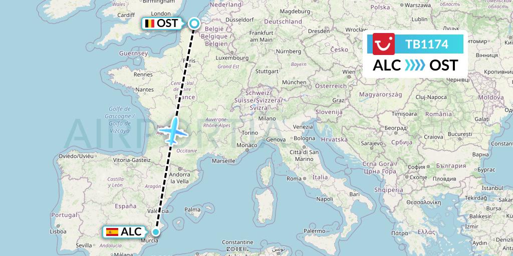 TB1174 TUI fly Belgium Flight Map: Alicante to Ostend