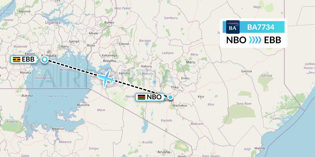 BA7734 British Airways Flight Map: Nairobi to Entebbe