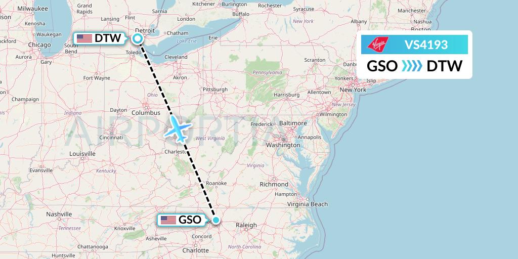 VS4193 Virgin Atlantic Airways Flight Map: Greensboro to Detroit