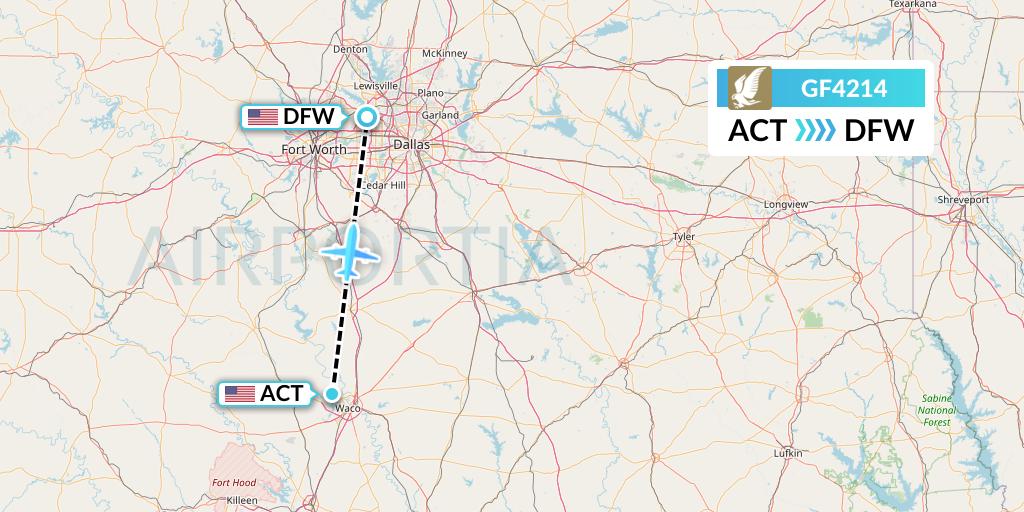 GF4214 Gulf Air Flight Map: Waco to Dallas