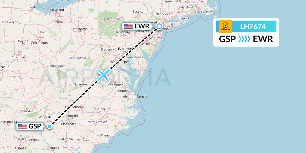 LH7674 Lufthansa Flight Map: Greenville-Spartanburg to New York
