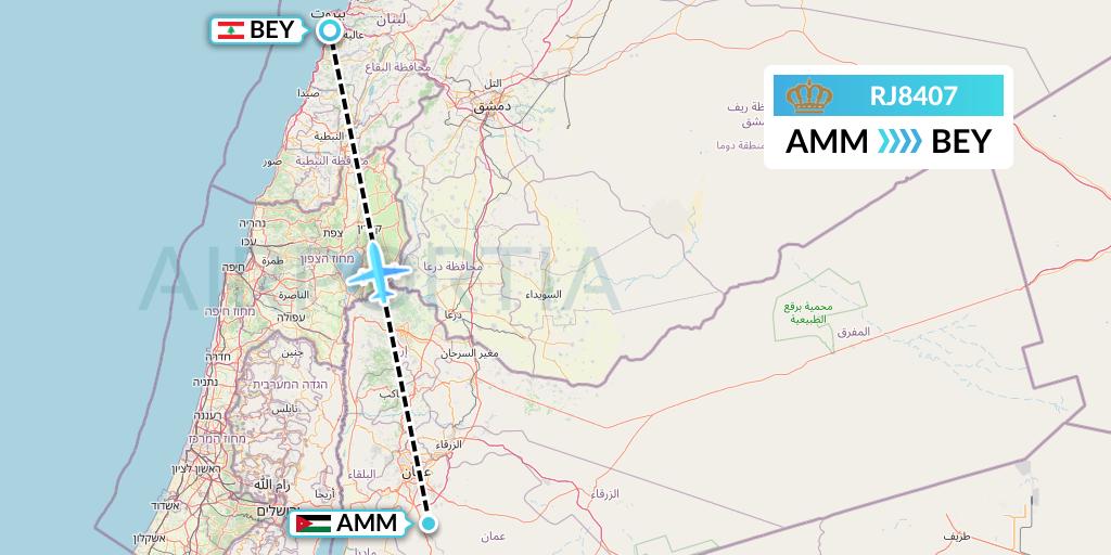 RJ8407 Royal Jordanian Flight Map: Amman to Beirut