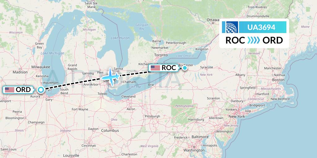 UA3694 United Airlines Flight Map: Rochester to Chicago