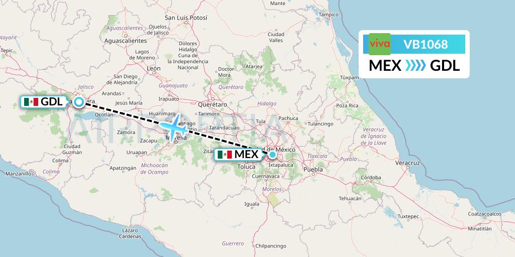 VB1068 VivaAerobus Flight Map: Mexico City to Guadalajara