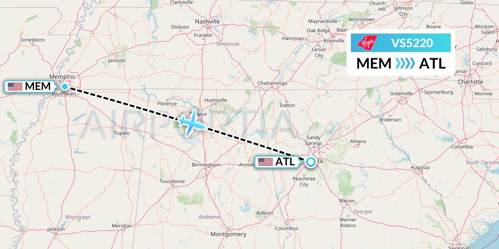 VS5220 Virgin Atlantic Airways Flight Map: Memphis to Atlanta