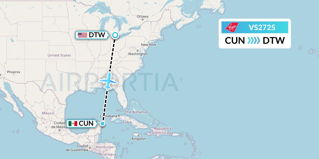 VS2725 Virgin Atlantic Airways Flight Map: Cancun to Detroit