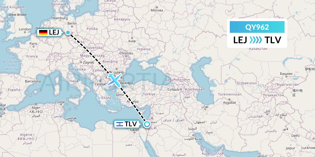 QY962 European Air Transport Flight Map: Leipzig to Tel Aviv