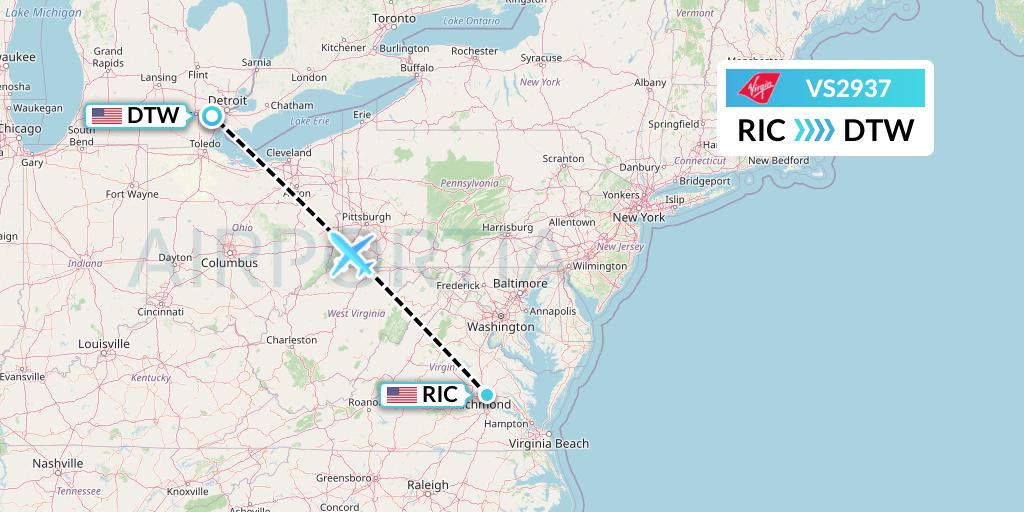 VS2937 Virgin Atlantic Airways Flight Map: Richmond to Detroit