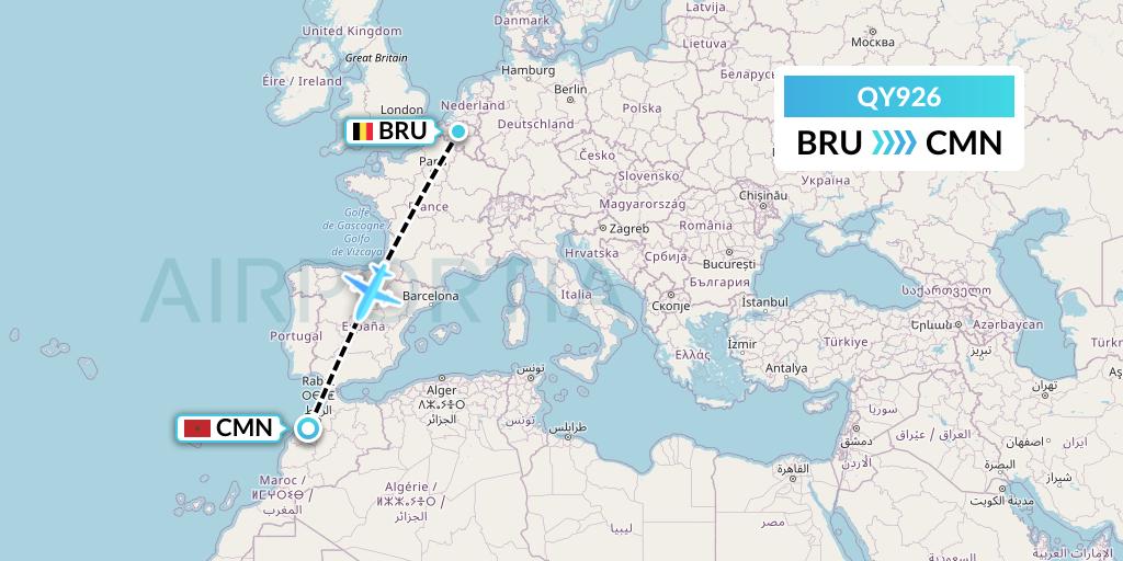 QY926 European Air Transport Flight Map: Brussels to Casablanca