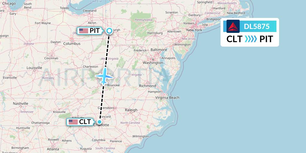 DL5875 Delta Air Lines Flight Map: Charlotte to Pittsburgh