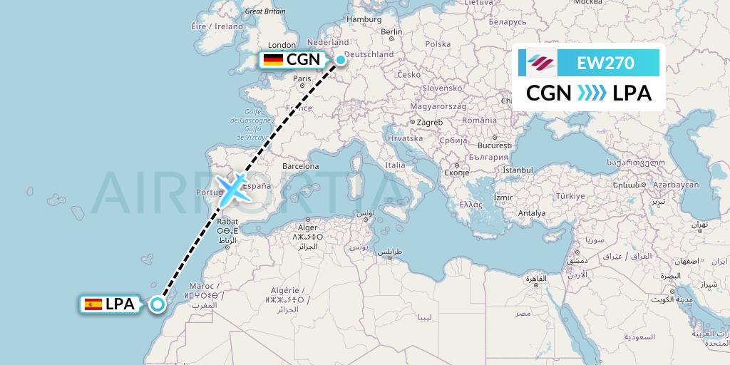 EW270 Eurowings Flight Map: Cologne to Las Palmas