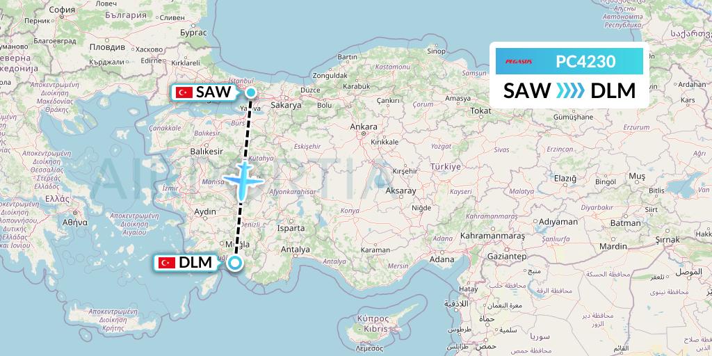 PC4230 Pegasus Airlines Flight Map: Istanbul to Dalaman