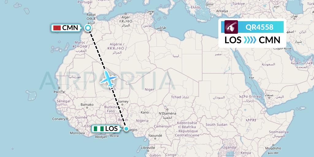 QR4558 Qatar Airways Flight Map: Lagos to Casablanca