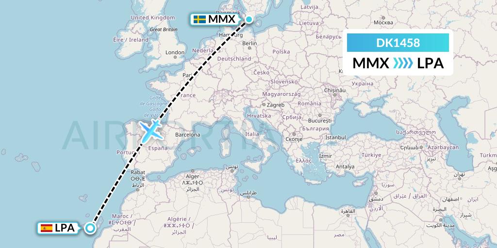 DK1458 Thomas Cook Airlines Scandinavia Flight Map: Malmo to Las Palmas