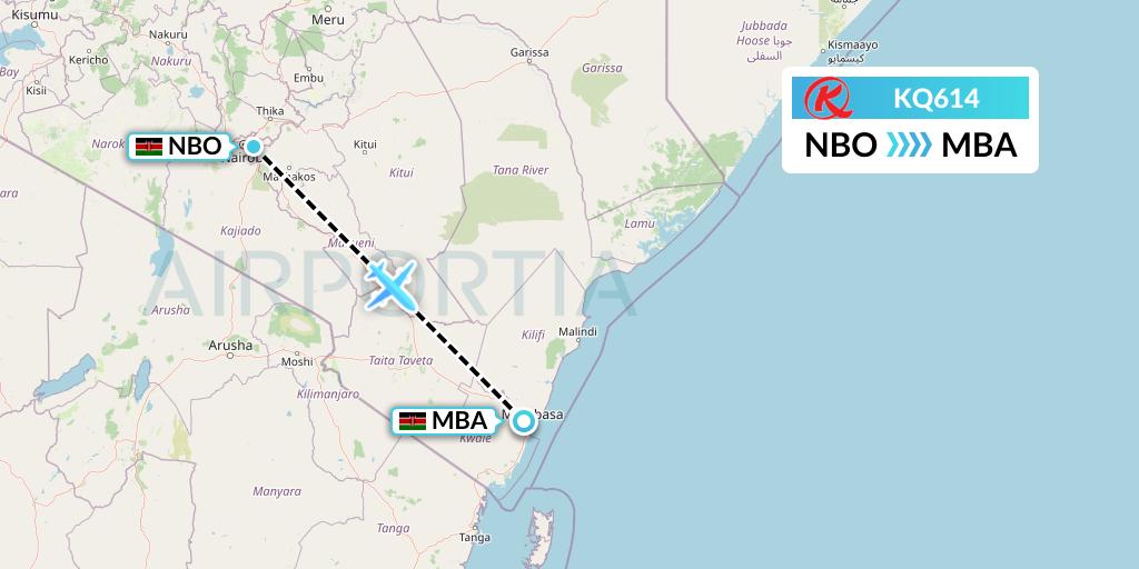 KQ614 Kenya Airways Flight Map: Nairobi to Mombasa