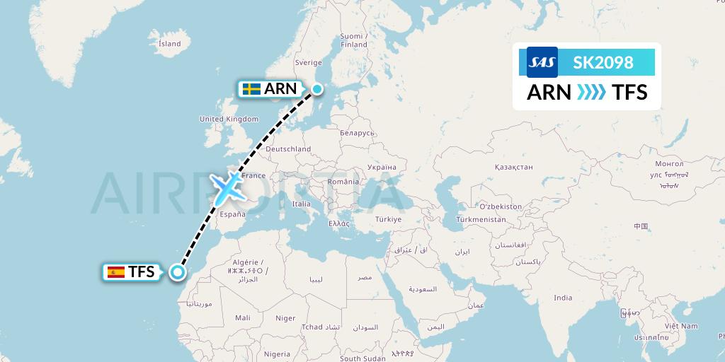 SK2098 SAS Flight Map: Stockholm to Tenerife