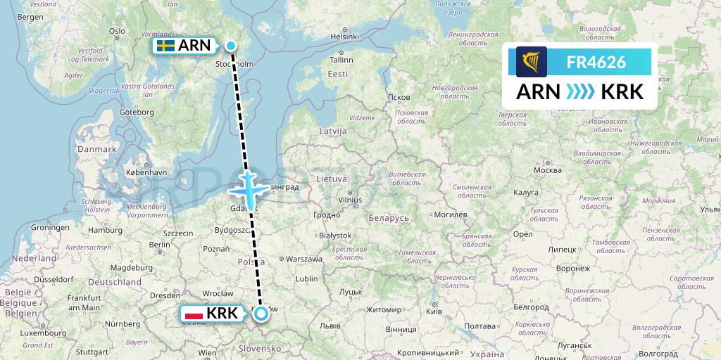 FR4626 Ryanair Flight Map: Stockholm to Krakow