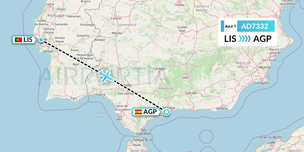 AD7332 Azul Brazilian Airlines Flight Map: Lisbon to Malaga