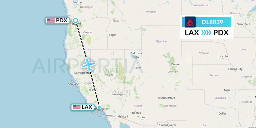 DL8839 Delta Air Lines Flight Map: Los Angeles to Portland
