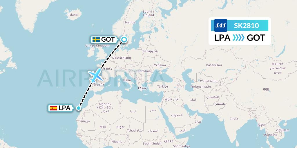 SK2810 SAS Flight Map: Las Palmas to Gothenburg