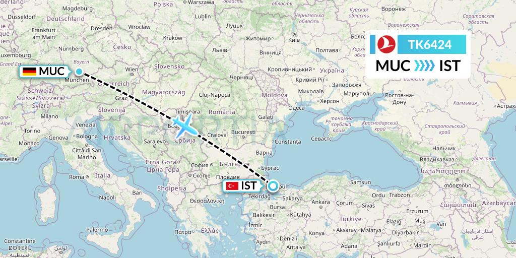 TK6424 Turkish Airlines Flight Map: Munich to Istanbul