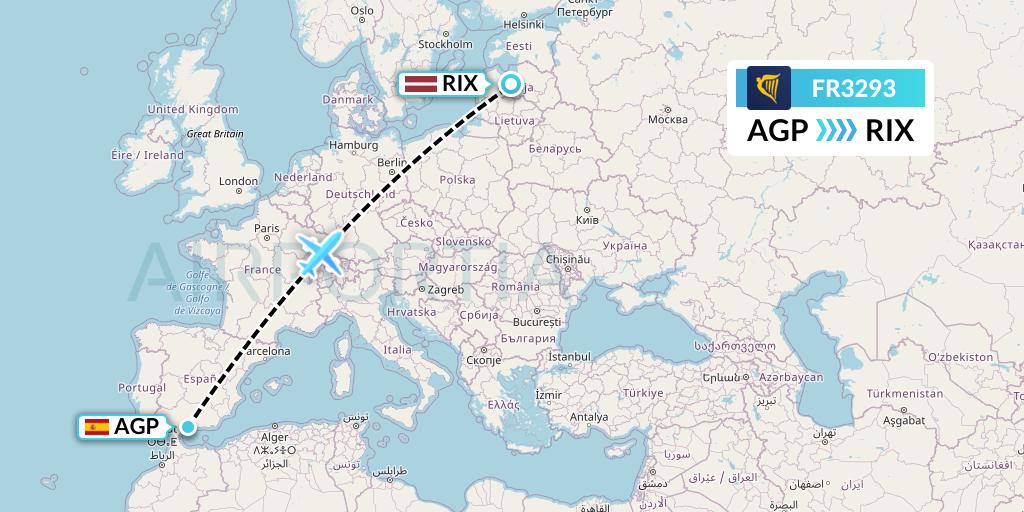 FR3293 Ryanair Flight Map: Malaga to Riga