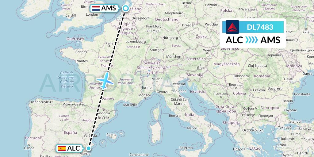 DL7483 Delta Air Lines Flight Map: Alicante to Amsterdam