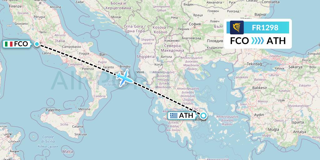 FR1298 Ryanair Flight Map: Rome to Athens