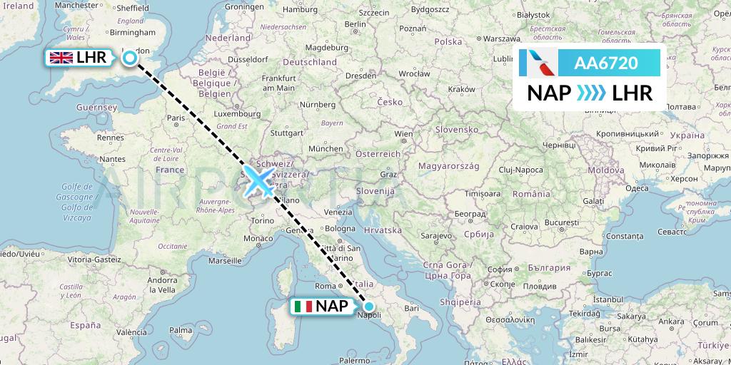 AA6720 American Airlines Flight Map: Naples to London