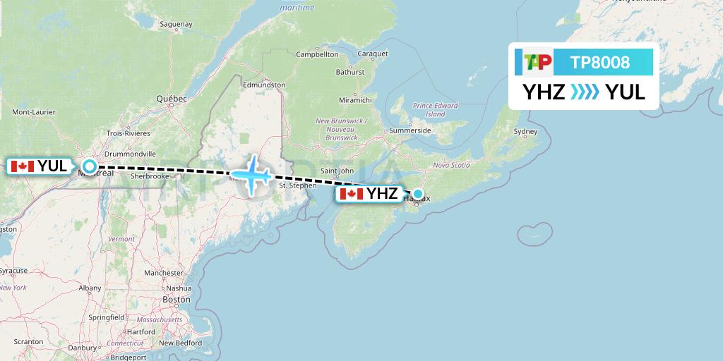 TP8008 TAP Portugal Flight Map: Halifax to Montreal