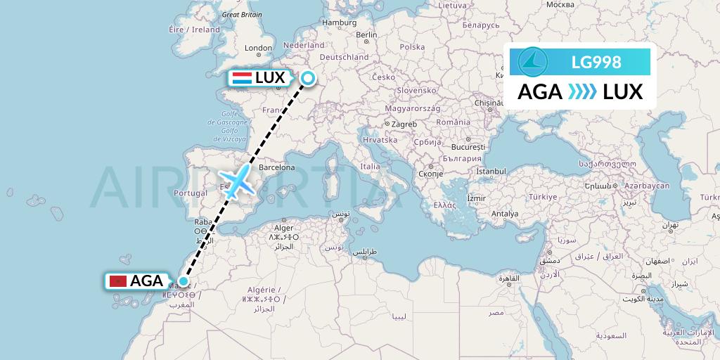 LG998 Luxair Flight Map: Agadir to Luxembourg