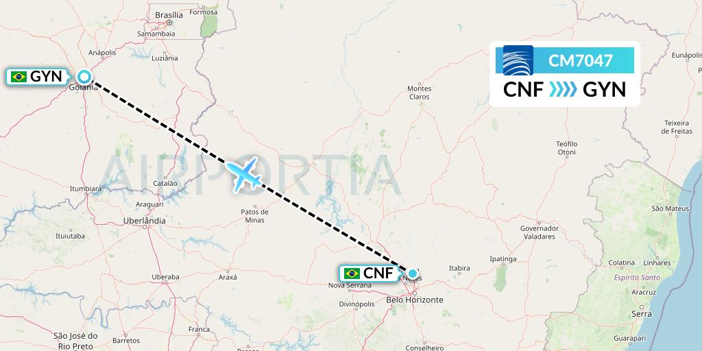 CM7047 Copa Airlines Flight Map: Belo Horizonte to Goiania