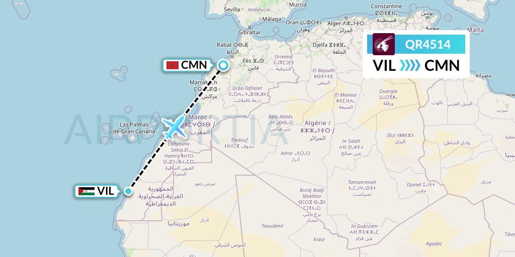 QR4514 Qatar Airways Flight Map: Dakhla to Casablanca