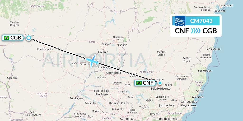 CM7043 Copa Airlines Flight Map: Belo Horizonte to Cuiaba