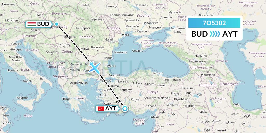 7O5302 Travel Service Hungary Flight Map: Budapest to Antalya