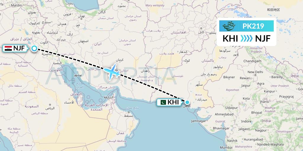 PK219 Pakistan International Airlines Flight Map: Karachi to Najaf