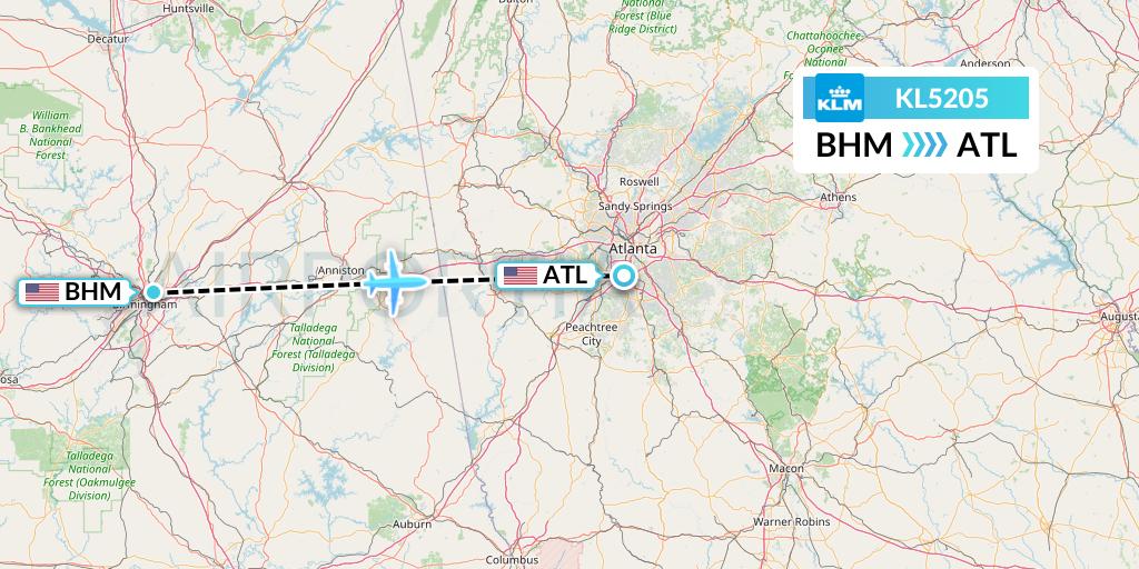 KL5205 KLM Flight Map: Birmingham to Atlanta