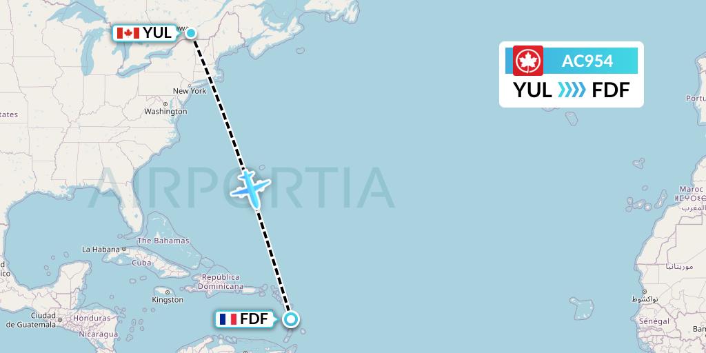 AC954 Air Canada Flight Map: Montreal to Fort-de-France