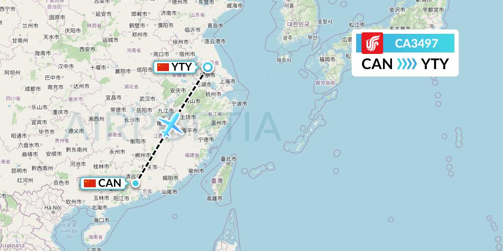 CA3497 Air China Flight Map: Guangzhou to Yangzhou