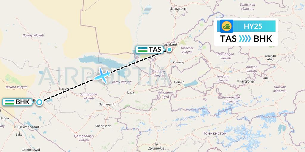 HY25 Uzbekistan Airways Flight Map: Tashkent to Bukhara