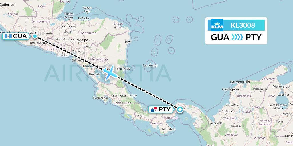 KL3008 KLM Flight Map: Guatemala City to Panama City
