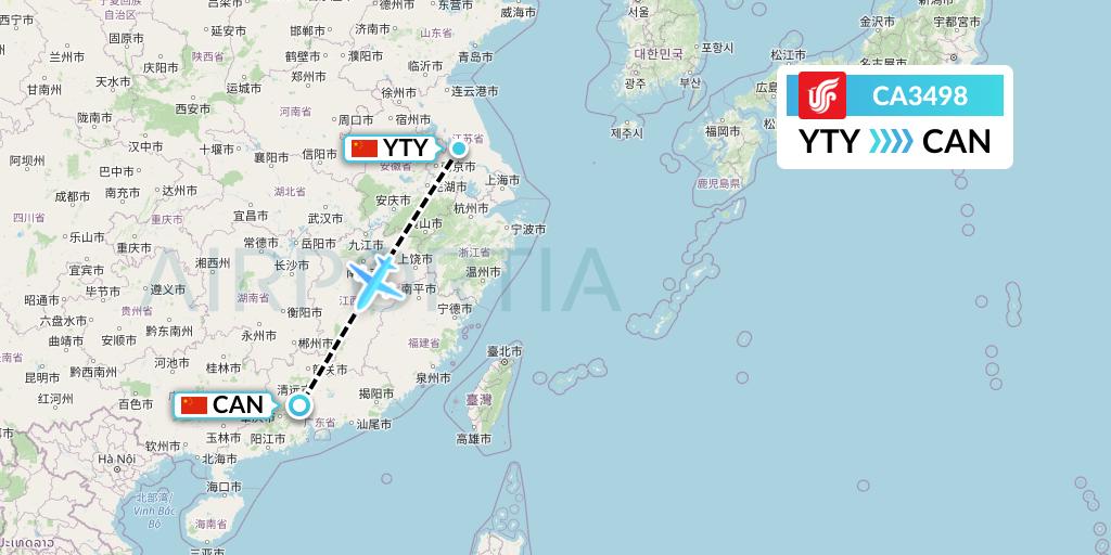 CA3498 Air China Flight Map: Yangzhou to Guangzhou