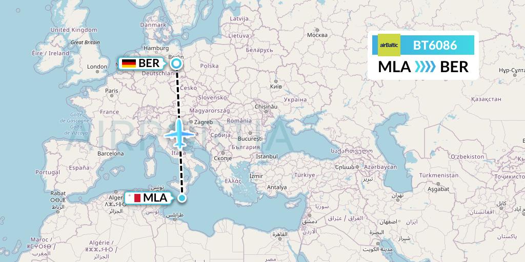 BT6086 Air Baltic Flight Map: Malta to Berlin