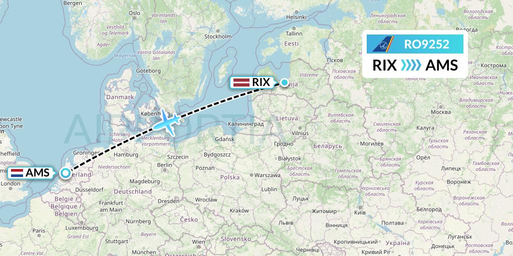 RO9252 Tarom Flight Map: Riga to Amsterdam