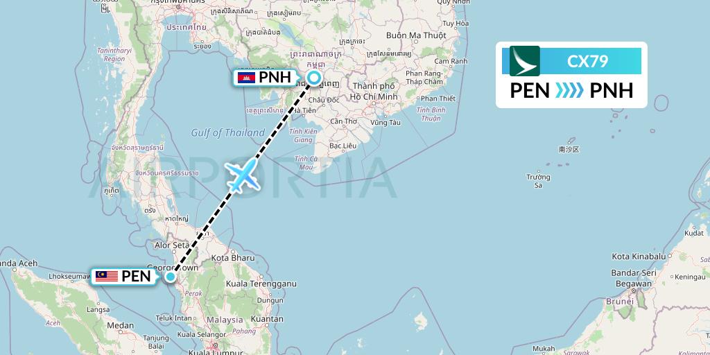 CX79 Cathay Pacific Flight Map: Penang to Phnom Penh